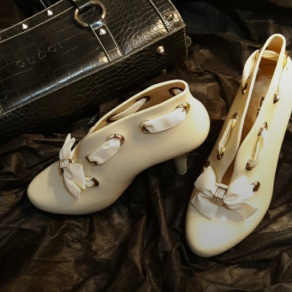 Runaway Rhinestone Embellished Satin Bowtie High HeeledRainBooties Cream